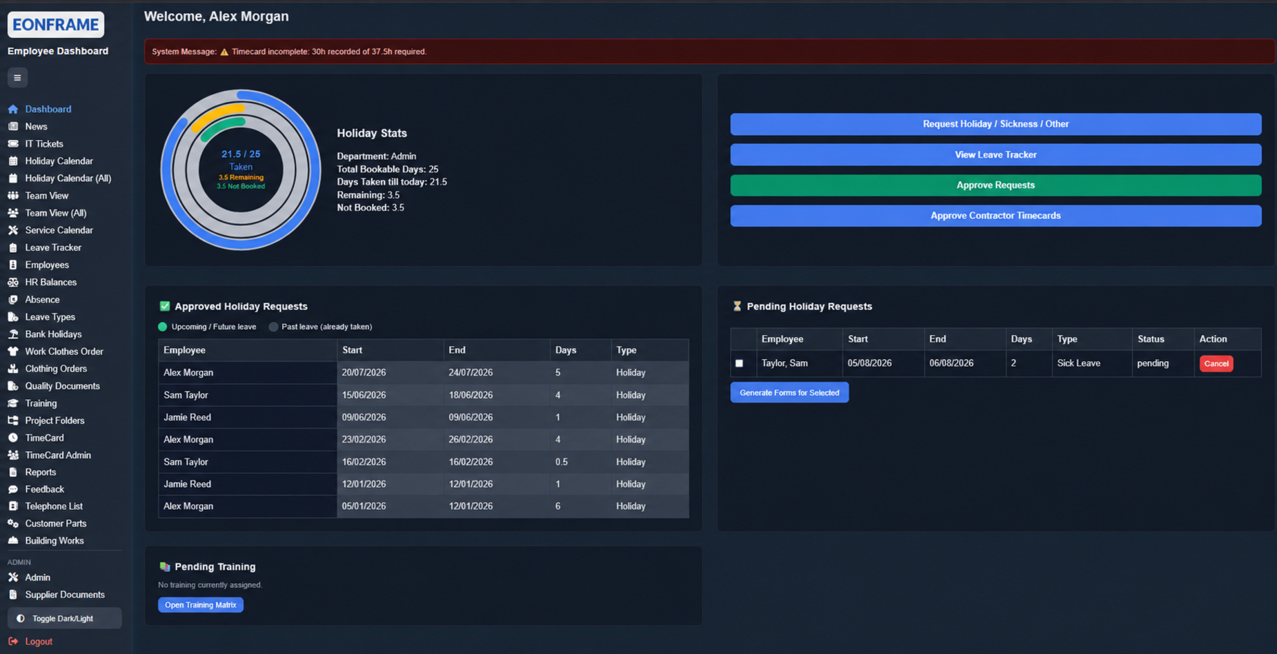 The real Eonframe employee dashboard showing holiday statistics, requests, approvals and navigation modules with anonymised demonstration data